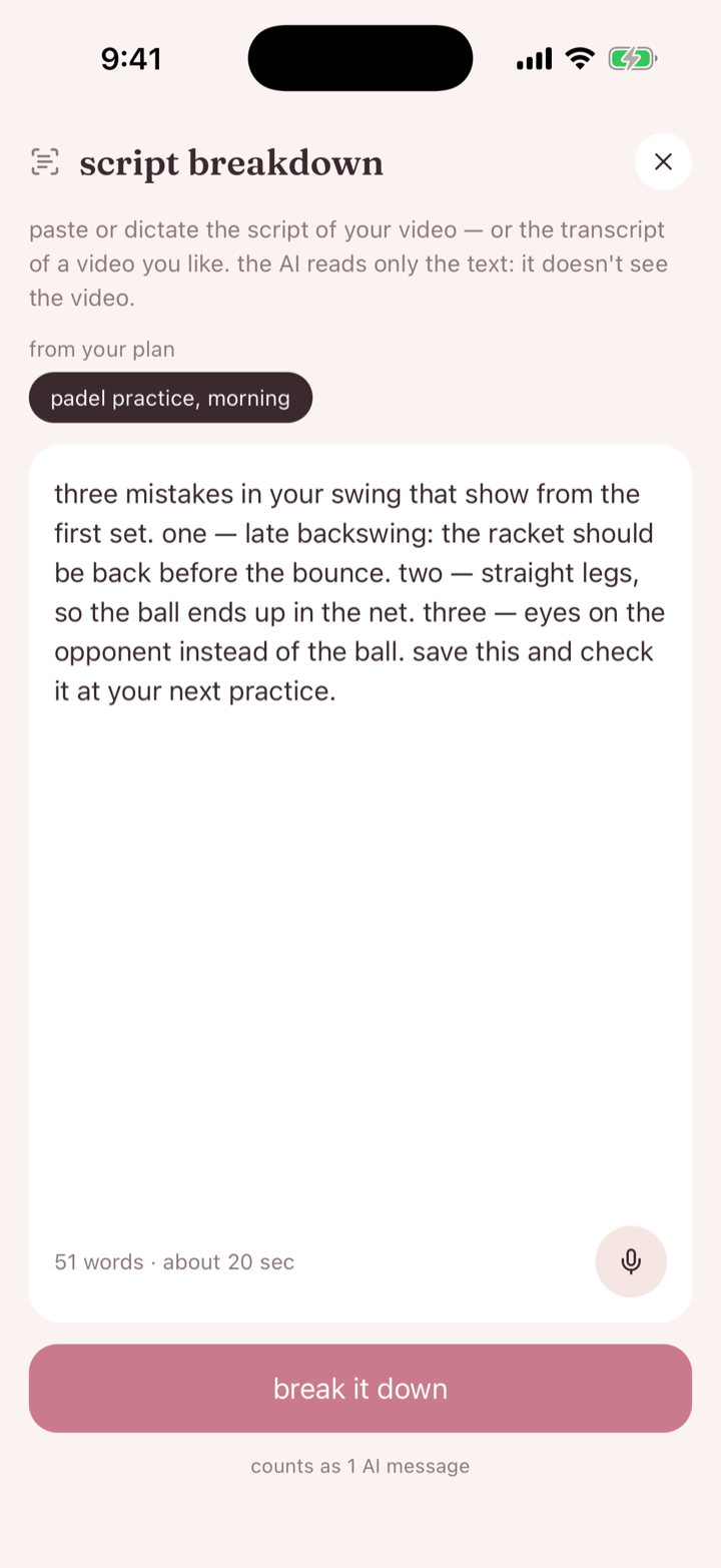 the script breakdown screen in amelo with a padel reel script, its word count and length, and the “break it down” button