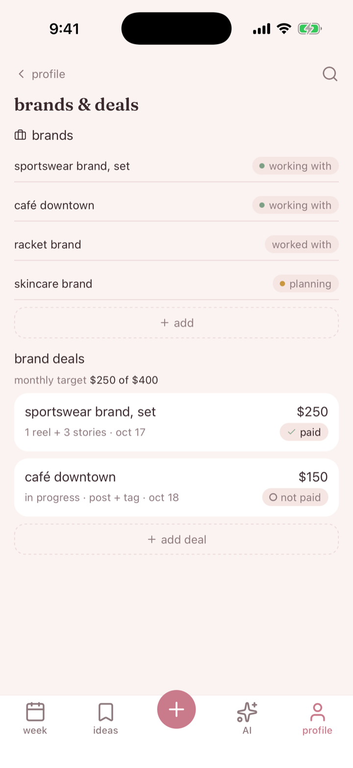 brands and deals in amelo with fees, deadlines, paid status and a monthly target