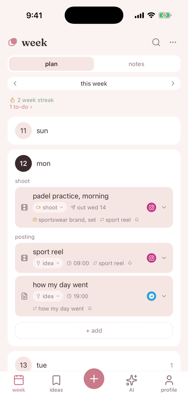 the week screen in amelo: Monday has two lists, “shoot” and “posting”